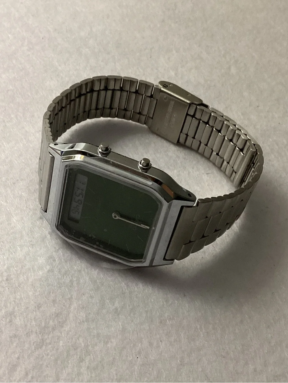 Casio Silver Watch with Green Dial and Stainless Bracelet